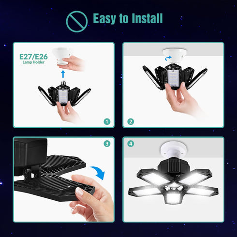 BRAINIAC LED Garage Light Bulbs, 100W 10000LM Super Bright, 5 Adjustable Panels, E26/E27 Screw-in Deformable Fixture