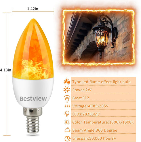 Bestview Flickering Light Bulbs, 3 Modes, E12 Chandelier Base, Candle Fire Light Bulb, 6 Pack for Decoration