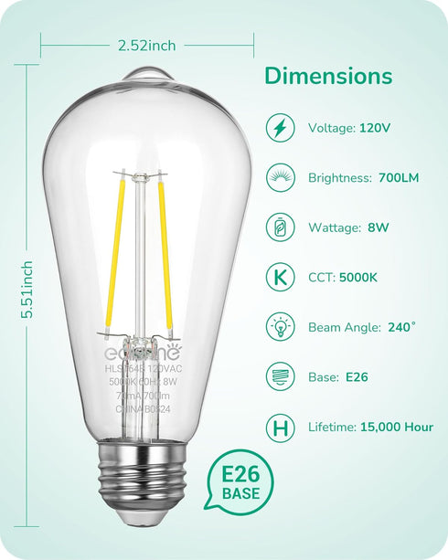 EDISHINE 6 Pack Dusk to Dawn LED Outdoor Light Bulb, Vintage Styled ST64 LED Edison Filament Bulb, 700LM 5000K Warm White with E26 Base, 8W Equivalent 60W, Light Sensing Outdoor, UL Listed by EDISHINE