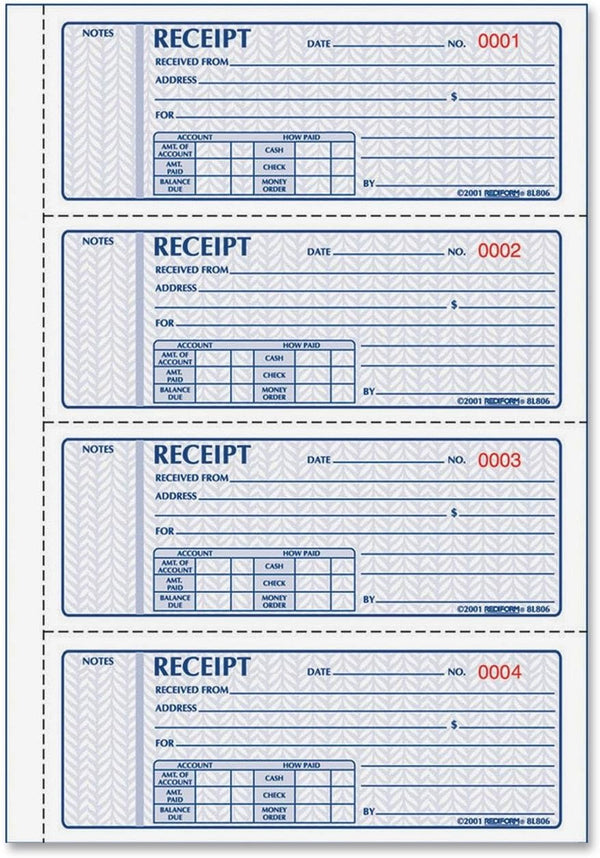 Rediform Money Receipt Book, Manifold Cover, Carbonless Triplicate Forms, 11" x 8", 100