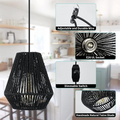 15ft Plug-in Pendant Light,Hanging Lights Fixture With Cord On/Off Switch,Black Handwoven Rattan Basket Shade Boho Lamp