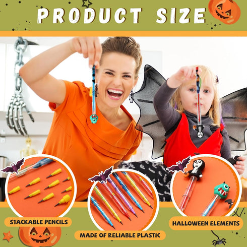 Qilery 96 Pcs Halloween Pencils Bulk with Top Eraser, Stackable Non-Sharpening Push Pencils for Kids Halloween Party