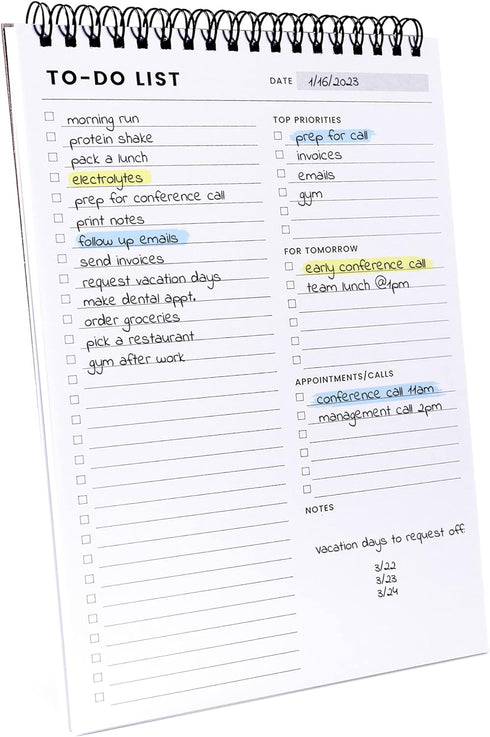 To Do List Notepad, 6.5 x 9.8" 60 Sheets, Spiral Daily Planner Notebook for Work, Task Checklist Organizer Agenda Pad