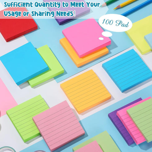 Fuutreo 100 Pad 10000 Sheet Sticky Notes Bulk, 3x3 Inch Lined Self Stick Note Pad, 10 Bright Colors for Student Teacher