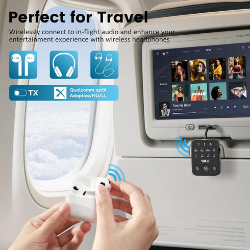 1Mii 5.3 2 3.5mm Airplane/TV/MP3 25H Bluetooth Transmitter Receiver, Dual Link for Headphones, aptX Adaptive/HD Low