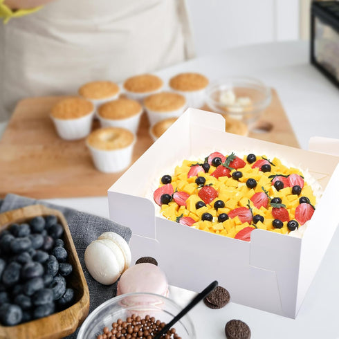 16Pcs Cake Boxes with Cake Boards (8Pcs White Boxes, 8Pcs Boards), 12x12x6 Inch Bakery Boxes with Window for Parties