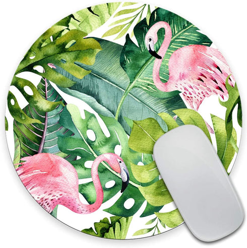 Watercolor Tropical Palm Tree with Flamingo Mousepad, Custom Round Mouse Pad 7.9 x 7.9 x 0.12 Inch