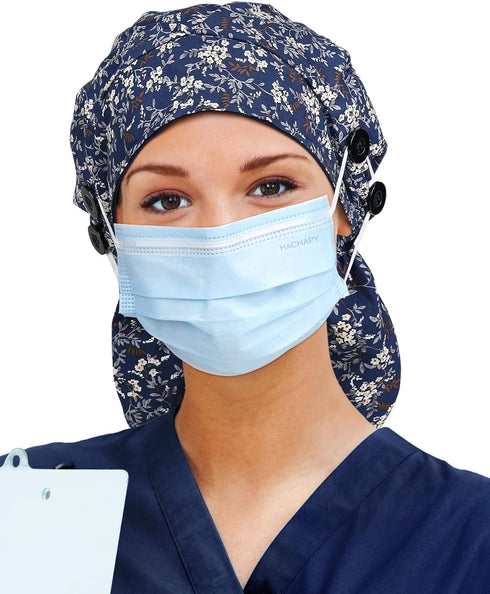 4 Satin Lined Scrub Cap for Women Extra Large Long Hair Surgical Nurse Cap Buttons