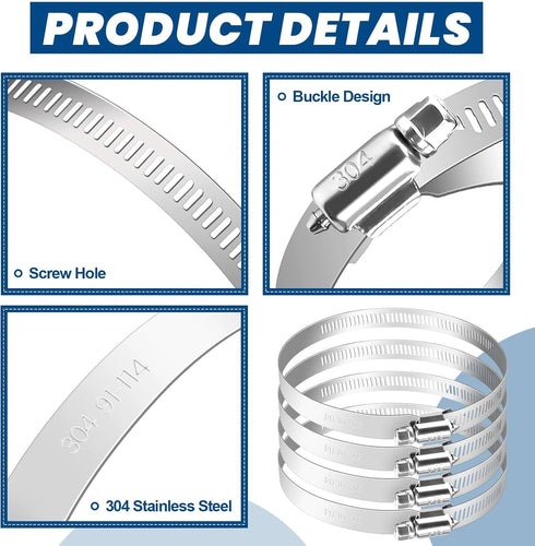 Twdrer 4 Inch 304 Stainless Steel Adjustable Hose Clamp, Worm Gear Duct Clamp for Plumbing, Automotive, Mechanical