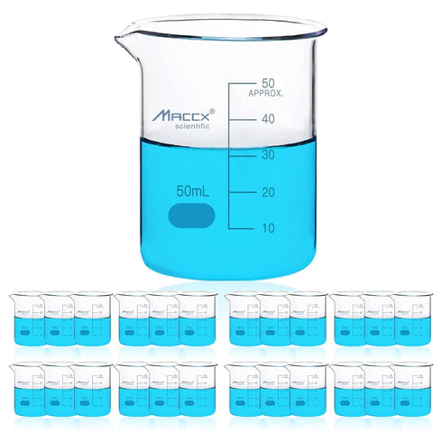 1.7oz(50ml) Sturdy Glass Beaker, 3.3 Borosilicate Griffin Low Form with Printed Graduation, Pack of 24, BKL050-024