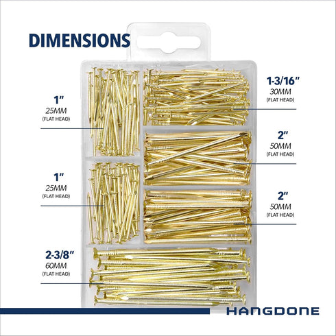 Nail Assortment 250-Pieces, 4 Sizes Assorted Nails Kit for Wood and Drywall, Brass Plated Finish