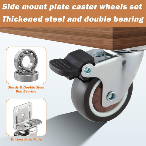 2 Inches Side Mount Caster Wheels Set of 16, Heavy-Duty Double Plate Rubber Locking Swivel Casters