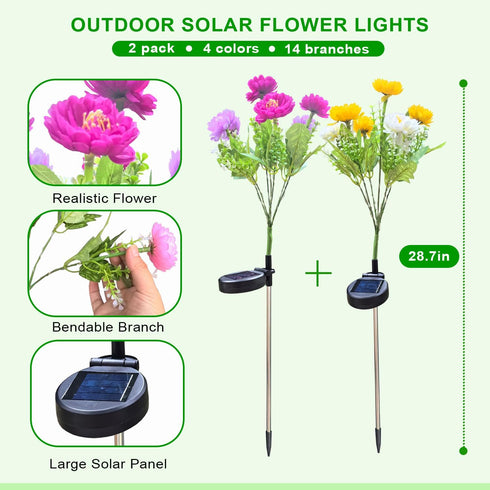 2 Pack 14 Solar Flowers Lights, Solar-Powered Outdoor Light with Blooming Flowers, Waterproof Lights for Outside Yard