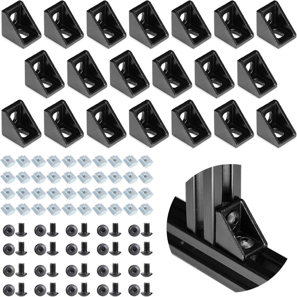 20Sets Black 2020 Series Aluminum Extrusion Profile Connector Set, 20Pcs Corner Brackets with T-Nuts