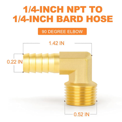 GASHER 5 Pieces Brass Hose Barb Reducer, 90 Degree Elbow 1/4 Inch NPT to 1/4 Inch Barb