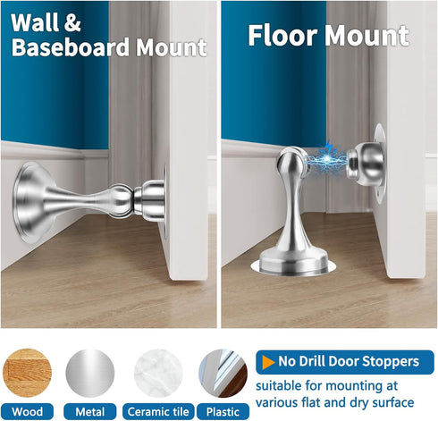Magnetic Door Stop, Stainless Steel Holder, Brushed Satin Nickel Doorstop with Double-Sided Adhesive Tape