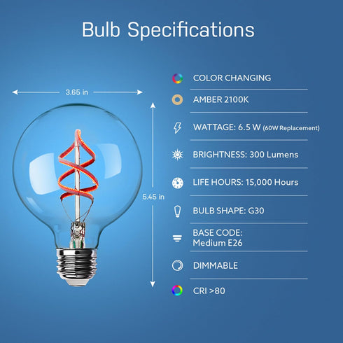 60 Bulb, Dimmable, G30 Bulb G3060/RGBW/FIL/AG Feit Electric Watt Equivalent Smart Filament Globe Spiral Filament WiFi