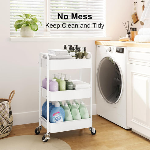Aofure 3 Tier Rolling Cart Metal with Wheels, White Three Tiered Craft Cart Organizer on Wheels, Storage Utility Carts