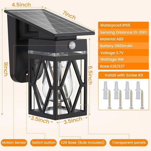 2 Pack 3 IP65 E26 Bulb Solar Porch Lights Outdoor, Dusk to Dawn & Motion Sensor Solar Wall Light with Lantern Shape