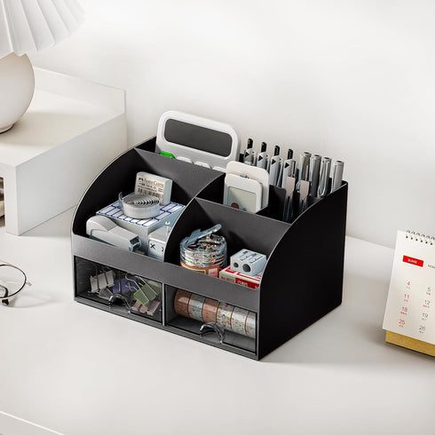 Desk Organizer with 6 Compartments and 2 Drawers, Plastic Makeup Organizer, Pen Holder for School, Home, Office Supplies