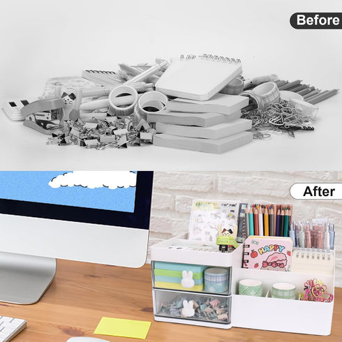 Desk Organizer with 2 Drawers, 7 Compartments & Top Tray for Makeup, Bathroom, Cute Home Organization (White)