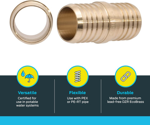 SharkBite 1-1/2 Inch Brass Crimp Coupling for PEX Pipe, PE-RT, UC0141