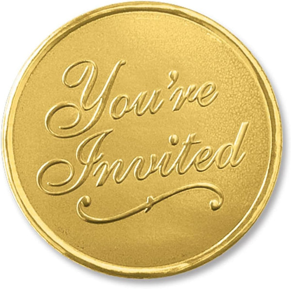 PaperDirect Gold You're Invited Round Embossed Foil Seals, 48 Count