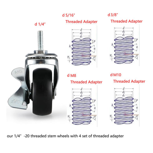 Pusalxl 2 inch,Casters Set 4,Castor 1/4,5/16,3/8 inch of Wheels Threaded Stem,Wheel for Wire Shelving Racks,Leveling