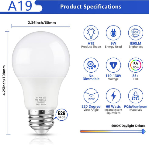 A19 LED Light Bulbs, 60 Watt Equivalent LED Bulbs, 6000K Cool White, 850LM, Non-Dimmable, E26 Base, 9W Bright White LED Bulbs, 4-Pack by Maylaywood