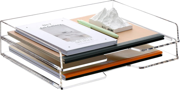 SANRUI Desk Organizer Tray, 2 Tier Acrylic Paper Organizer, Clear Letter Tray, Stackable Paper Sorter for Office Home