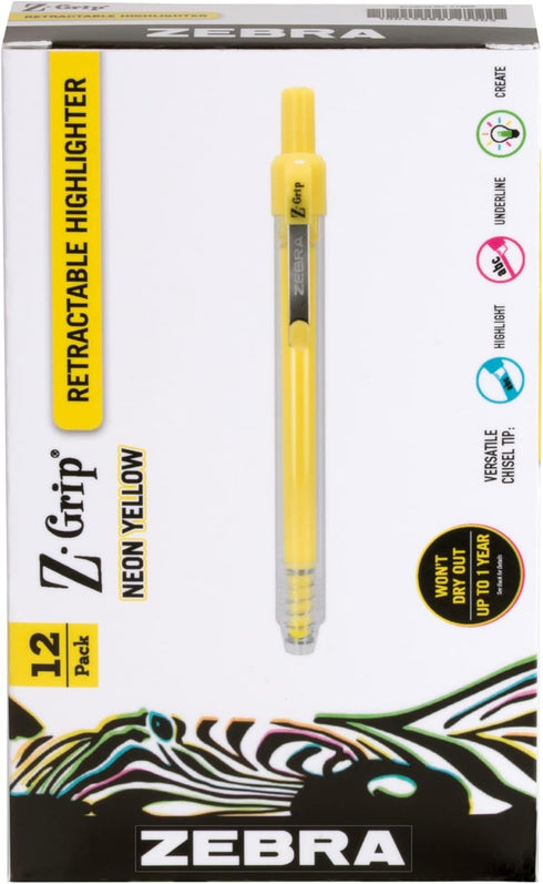 Zebra Pen Z-Grip Retractable Highlighter Marker Set, Chisel Tip, Neon Yellow, 12-Pack