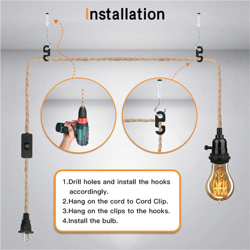 Zevnico 16.5FT E26 Pendant Light Kit, Hanging Lights with Plug in Cord & Switch, Hemp Rope Swag Socket Pendant Lamp