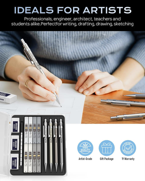 Nicpro 4 Pack 0.5mm Mechanical Pencil Set with Case, Metal Drafting Pencil for Artist Writing, Sketching, Drawing, 8