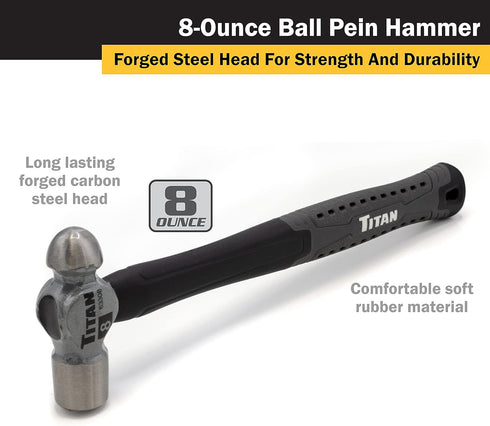 63308 8oz Hammer, 11" Titan Ball Pein Forged Steel Head, Shock Absorbing Fiberglass Handle with Textured Rubber Grip