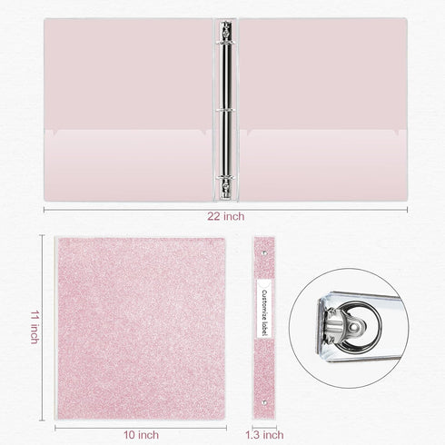 Light Pink 1 Inch Glitter Binders, 3 Ring Fashion View Binder with 2 Pockets, Waterproof for Office Supply