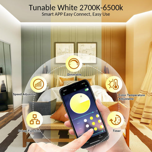 Wefomey 100ft Dimmable 24V 2700K-6500K 1800 (2 50ft) White LED Strip Lights, Bright Led Tape Light with Remote and App