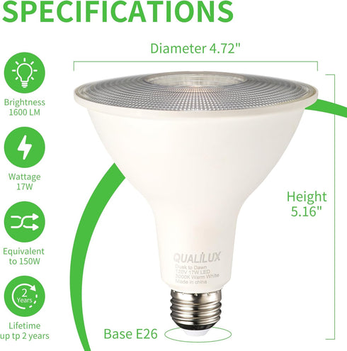 PAR38 Bulbs, 3000K, 150W 17W, 1600LM, Bulb, 2 Pack, Non-Dimmable, HQ-H034 Qualilux Dusk to Dawn LED Flood Light Warm