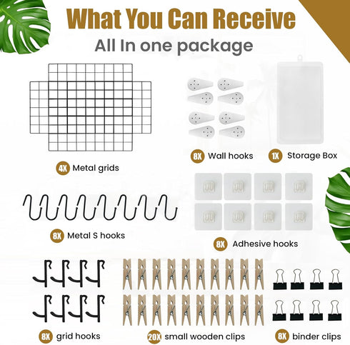 Metal Grid Wall Panel, 17.3"×11.8" Wire Photo Display Organizer, 4-Pack Memo Board with Clips and Hooks