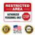 Restricted Area Authorized Personnel Only Stop Sign, 10x7 Inches, 4 Mil Vinyl Decal Stickers, 2 Pack, Made in USA