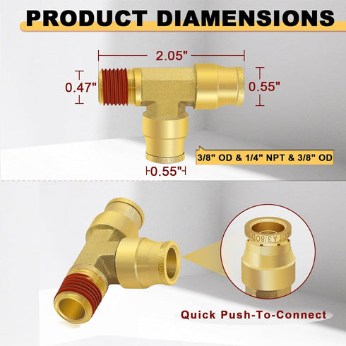 Siptenk 3/8" OD Tube 1/4" Side NPT Brass Tee Union DOT Air Fittings, 3PCS for Truck Trailers