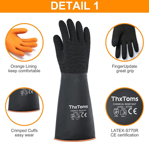ThxToms Heavy Duty Rubber Gloves, Versatile Latex Chemical Resistant Gloves, Upgraded with Anti-Slip Design, Soft and Thick, 18" 1 Pair