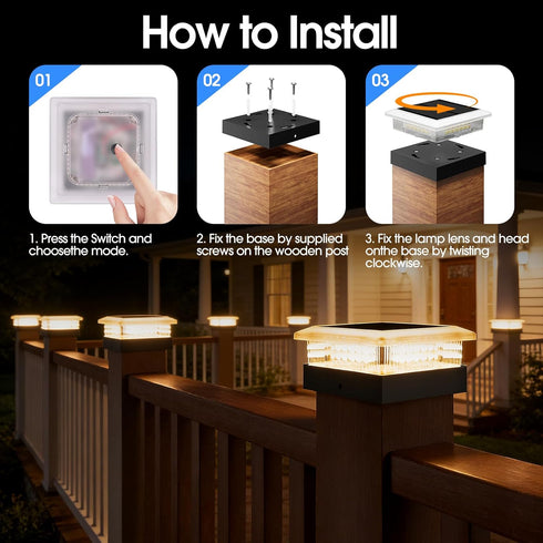 4x4 2 Pack, 4 4x4 3.5x3.5 Ip67 96 Post Solar Lights Lighting Modes Solar Post Cap Lights for Wood/Vinyl Posts