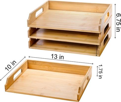 Okllen 3 Pack Stackable Paper Trays, Bamboo Desk Letter Tray Set for A4 Paper, Magazine, Office Supplies