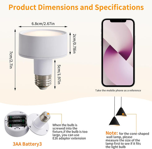 2 Pack Magnetic Battery Operated Light Bulbs with Remote Control, Cordless LED Puck Lights, Wireless Dimmable E26 Screw in AA Battery Power Bulbs for Non Electric Lamps by Vitnucrol