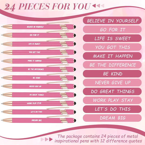 Yeaqee 24 Pcs Inspirational Ballpoint Pens, Motivational Black Ink Retractable Quotes Pen with Stylus Tip for Office,