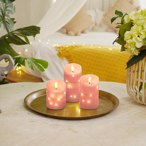3 Pack Homemory Flameless Candles with String Lights, Embedded Fairy String Lights LED Candles, Electric Flickering
