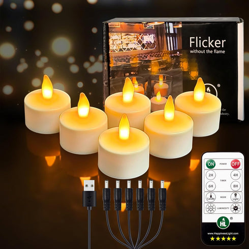 HL Rechargeable Battery Candles with Remote Timer, 6pcs 50+Hours Rechargeable Tea Lights