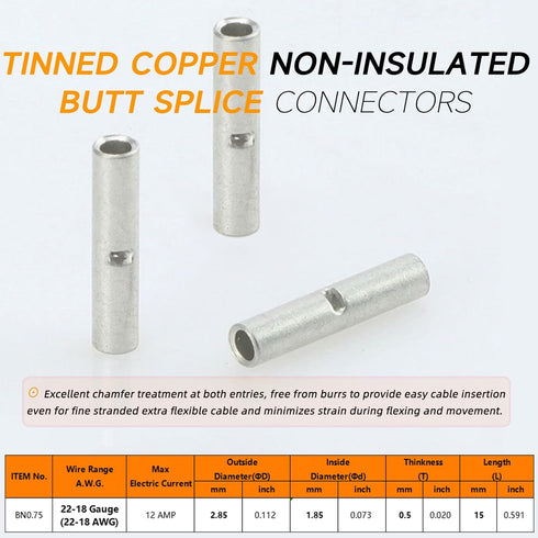 22-18 Gauge Copper Butt Connectors 100 PCS 22-18 AWG Butt Splice Connectors 0.75 mm² Wire Uninsulated Crimp Butt Connectors Pure Copper Tin Coated Marine Grade Crimp Butt Terminals