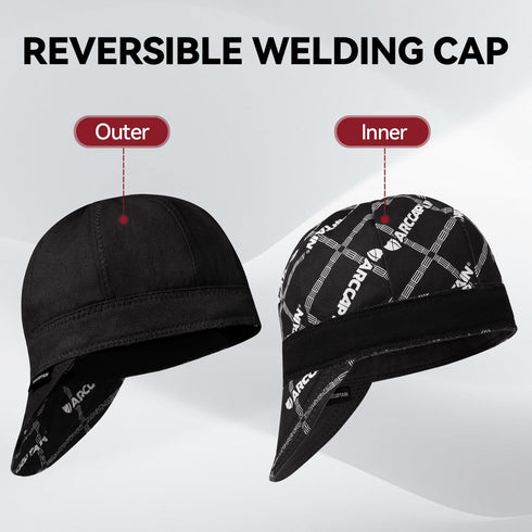 ARCCAPTAIN 8 Panel Reversible Welding Cap, Black, 10 oz Fireproof Cotton for Men Women, 7 1/4 Safety Protection