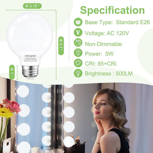 G25 Bulbs,E26 Base,5W,60 Equivalent,500LM,Non-Dimmable, 12 Pack Bulb 4000K Cotanic LED Globe Light Standard Watt